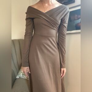 Elegant and soft Long Sleeve Brown Midi Dress, silky soft off the shoulder